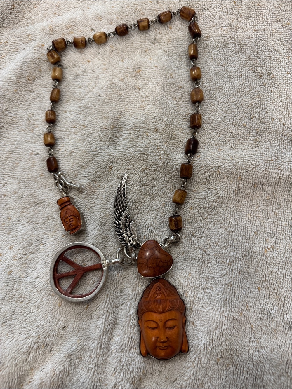 Buddha Charm Wood Bead Necklace with Peace & Wing Accents - Brown